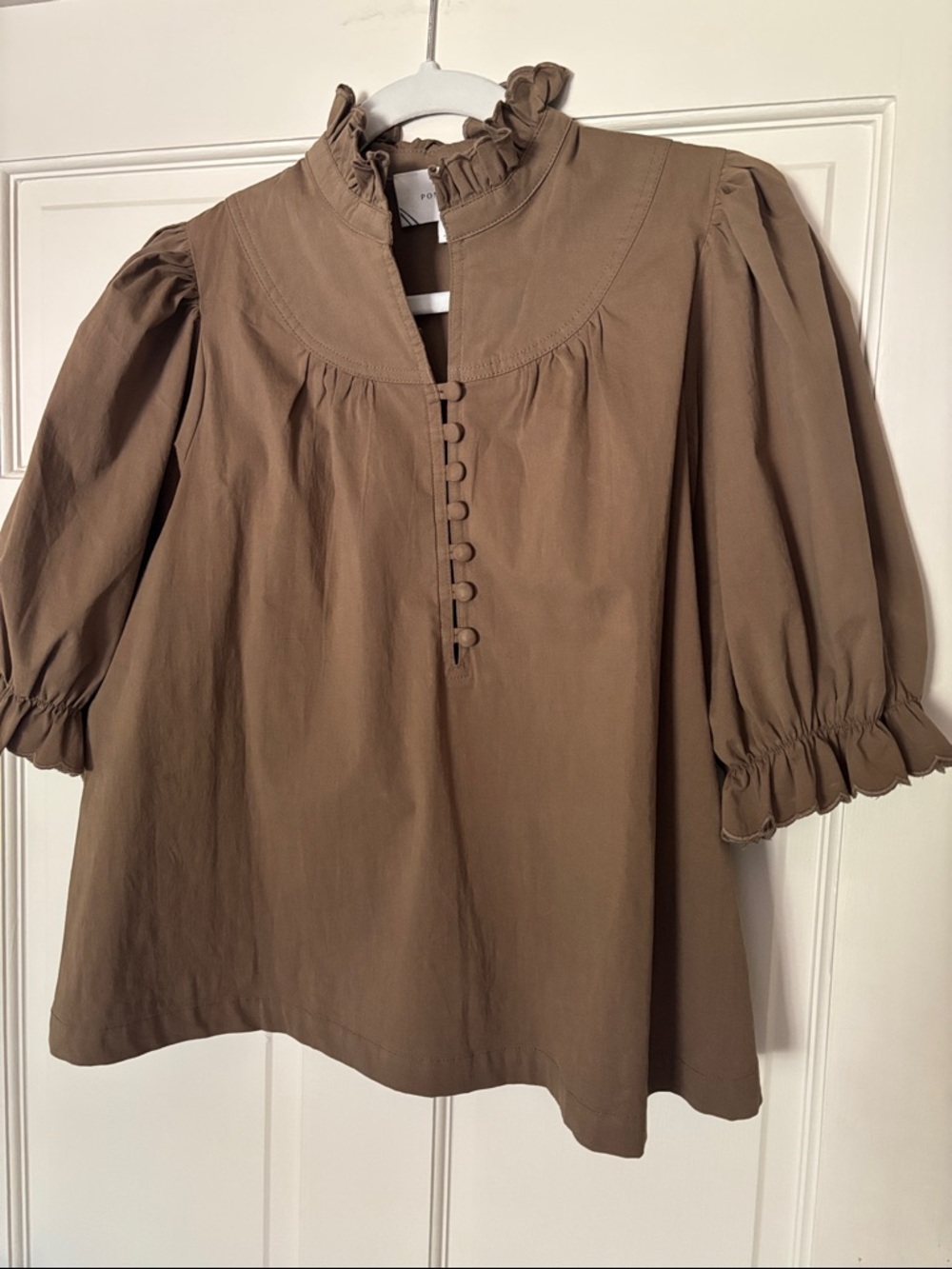 Women's Ruffle Neck Button-Front Tunic Top - Brown